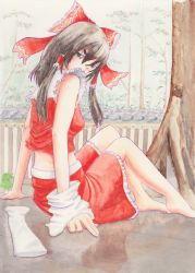 Rule 34 | 1girl, arm support, barefoot, black eyes, bow, breasts, brown hair, covered mouth, detached sleeves, frilled skirt, frills, hair bow, hair tubes, hakurei reimu, highres, looking at viewer, mechanical pencil, midriff, outdoors, painting (medium), pencil, sitting, skirt, solo, touhou, traditional media, tree, uryan!, watercolor (medium)