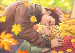 Rule 34 | 2boys, autumn leaves, beard, blonde hair, blue eyes, blurry, blurry background, blurry foreground, boku no hero academia, burn scar, couple, dated, depth of field, earrings, endeavor (boku no hero academia), facial hair, facial mark, falling leaves, feathered wings, feathers, fingers together, fur-trimmed jacket, fur trim, goatee, hawks (boku no hero academia), highres, holding hands, jacket, jewelry, leaf, leaf on head, lying, lying on person, male focus, mature male, multiple boys, mustache, oike26, on back, on ground, red feathers, red hair, scar, scar across eye, scar on face, scar on mouth, scar on neck, short hair, sideburns, signature, size difference, stubble, stud earrings, twitter username, very short hair, wings, yaoi, yellow eyes