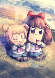 Rule 34 | 10s, 2girls, :3, alternate eye color, alternate hair color, artist name, bad id, bad pixiv id, blonde hair, blue skirt, blunt bangs, bow, brown eyes, brown footwear, brown hair, chibi, closed eyes, closed mouth, commentary request, day, eating, food, food on face, hair bow, hair ornament, hair scrunchie, highres, long hair, long sleeves, manino (mofuritaionaka), multiple girls, neckerchief, outdoors, pipimi, poptepipic, popuko, red bow, red neckerchief, scrunchie, shirt, shoes, short hair, signature, sitting, skirt, socks, twintails, u u, white legwear, white shirt