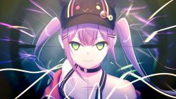 Rule 34 | anichika, black hat, collarbone, demon girl, ear piercing, fake horns, green eyes, hat, highres, hololive, horned headwear, horns, looking at viewer, piercing, scope, smile, solo, tokoyami towa, twintails, virtual youtuber
