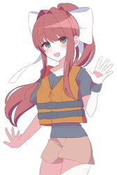 1girl alternate_costume blush bow brown_hair doki_doki_literature_club green_eyes hair_bow hair_ribbon highres kotohatoko510 long_hair looking_at_viewer monika_(doki_doki_literature_club) open_mouth ponytail ribbon shirt smile very_long_hair waving white_bow white_ribbon