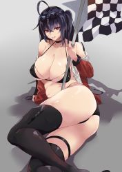 Rule 34 | 1girl, ass, azur lane, bikini, black bikini, black choker, breasts, checkered flag, choker, commentary, crossed bangs, endou (zettai bluenoid), eyewear on head, flag, hair between eyes, highleg, highleg bikini, highres, huge breasts, jacket, licking lips, lips, looking at viewer, lying, off-shoulder jacket, off shoulder, official alternate costume, on side, one side up, race queen, red eyes, red jacket, stomach, sunglasses, swimsuit, taihou (azur lane), taihou (enraptured companion) (azur lane), thigh strap, thighhighs, thighs, tongue, tongue out, underboob