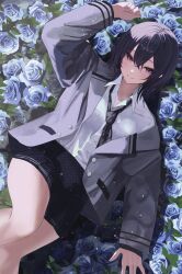 Rule 34 | 1girl, arm up, black hair, black skirt, blue flower, blue rose, closed mouth, collared shirt, feet out of frame, field, flower, flower field, grey jacket, hashtag-only commentary, highres, ichinose uruha, ichinose uruha (6th costume), jacket, knee up, lapels, long sleeves, looking at viewer, lupinus virtual games, lying, official alternate costume, official alternate hairstyle, on back, open clothes, open jacket, oreazu, plaid, plaid skirt, pleated skirt, purple eyes, rose, school uniform, shirt, short hair, skirt, smile, solo, thighs, virtual youtuber, vspo!, white shirt