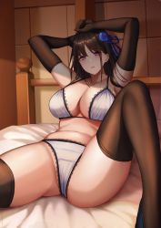 Rule 34 | 1girl, armpits, arms up, ass, bad id, bad pixiv id, bare shoulders, bed, black footwear, black hair, blue eyes, blue flower, blue ribbon, bra, breasts, brown gloves, brown thighhighs, cleavage, collarbone, elbow gloves, flower, gloves, gongba laoge, hair flower, hair ornament, hair ribbon, halterneck, halterneck, highres, indoors, knee up, lace, lace-trimmed bra, lace-trimmed panties, lace trim, large breasts, long hair, looking at viewer, navel, on bed, original, panties, parted lips, reclining, ribbon, shoes, sidelocks, solo, stomach, thighhighs, thighs, underwear, white bra, white panties