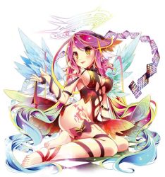 Rule 34 | 1girl, :p, angel, angel wings, ass, barefoot, blush, breasts, card, spiked halo, cross, dress, feathered wings, gradient eyes, gradient hair, hair ornament, halo, jibril (no game no life), kamiya yuu, large breasts, long hair, looking at viewer, low wings, magic circle, multicolored eyes, multicolored hair, naughty face, navel, no game no life, no panties, official art, orange eyes, pink hair, playing card, seductive smile, sitting, smile, solo, symbol-shaped pupils, tattoo, thighs, tongue, tongue out, very long hair, white wings, wing ears, wings, yellow eyes