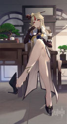 Rule 34 | 1girl, absurdres, bare legs, bare shoulders, barefoot, black gloves, bonsai, chair, china dress, chinese clothes, cup, dress, feet, full body, fur trim, genshin impact, gloves, high heels, highres, legs, long hair, looking at viewer, mc-sm, ningguang (genshin impact), red eyes, shoe dangle, sitting, solo, teacup, toes, white hair