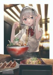 Rule 34 | 1girl, absurdres, blurry, blurry background, bowl, buttons, character request, chopsticks, collared shirt, copyright request, eating, egg, food, hair between eyes, hand in own hair, hands up, highres, holding, holding chopsticks, indoors, neck ribbon, noodles, open mouth, red ribbon, ribbon, school uniform, shirt, short hair, short sleeves, sidelocks, skirt, solo, takubon, white hair, white shirt