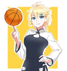 Rule 34 | 1girl, ahoge, animal print, bad id, bad pixiv id, ball, basketball, basketball (object), bear print, blonde hair, blue eyes, chinese clothes, hair ornament, hairclip, hand on own hip, highres, index finger raised, looking at viewer, lulu heika, panda print, short hair, smile, solo, tennessee (warship girls r), upper body, warship girls r