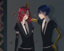 Rule 34 | 2others, absurdres, androgynous, blue eyes, blue hair, blunt bangs, cinnabar (houseki no kuni), colored eyelashes, crystal hair, determined, elbow gloves, gem uniform (houseki no kuni), gloves, golden arms, hair over one eye, hand on own hip, highres, houseki no kuni, iciriini, kabedon, looking at another, mercury (element), multiple others, necktie, phosphophyllite, phosphophyllite (ll), red eyes, red hair, short hair, spoilers