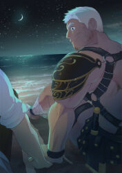 Rule 34 | 2boys, armor, bandaged leg, bandages, beach, beard stubble, closed mouth, commentary, couple, crescent moon, dark-skinned male, dark skin, dating, facial hair, from behind, gordon (f-kare), hand on hand, harness, highres, holding hands, inutora08, looking at another, male focus, mature male, moon, multiple boys, muscular, muscular male, mustache stubble, night, night sky, out of frame, outstretched legs, pauldrons, protagonist (f-kare), raised eyebrows, shirt, short hair, shoukan yuusha to f-kei kareshi, shoulder armor, sitting, sky, sleeves rolled up, smile, solo focus, star (sky), starry sky, stubble, tokyo houkago summoners, waves, white hair, white shirt, yaoi