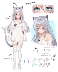Rule 34 | 1girl, :t, absurdres, animal ear fluff, animal ears, animal print, blue eyes, cat ears, cat girl, cat print, cat tail, divaartx, english text, full body, grey hair, highres, long hair, looking at viewer, no pants, off shoulder, original, pout, shirt, standing, tail, thighhighs, white shirt, white thighhighs