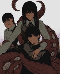 Rule 34 | 1boy, 2girls, black dress, black eyes, black hair, black jacket, black necktie, buttons, chainsaw man, collared jacket, collared shirt, covered mouth, covering own mouth, dress, ear piercing, facial scar, gakuran, glowing, glowing eyes, grey shirt, hako iix07, hand on another&#039;s chest, hands on own face, jacket, long sleeves, looking at another, looking at viewer, low twintails, medium hair, mitaka asa, mole, mole under mouth, multiple girls, neck ribbon, necktie, piercing, pinafore dress, purple eyes, ribbon, ringed eyes, scar, scar on cheek, scar on face, school uniform, shirt, short hair, simple background, sitting, sleeveless, sleeveless dress, smile, sweatdrop, tentacles, twintails, upper body, white background, yellow eyes, yoru (chainsaw man), yoshida hirofumi