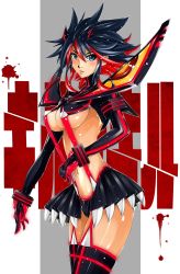 Rule 34 | 10s, 1girl, absurdres, arm warmers, black gloves, black hair, blue eyes, blush, boots, breasts, cai-man, detached sleeves, gloves, streaked hair, highres, kill la kill, large breasts, looking at viewer, matoi ryuuko, midriff, multicolored hair, navel, nty-in-the-house, red hair, senketsu, shirt, short hair, skirt, solo, suspenders, thigh boots, thighhighs, thighs, two-tone hair, underboob