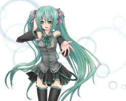 Rule 34 | 1girl, bad id, bad pixiv id, blush, bow, bowtie, breasts, detached sleeves, female focus, frills, green eyes, green hair, hair bow, hatsune miku, headset, long hair, matching hair/eyes, outstretched arm, outstretched hand, reaching, skirt, solo, takamiya ren, thighhighs, twintails, very long hair, vocaloid, white background