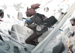 Rule 34 | 1girl, arknights, ballistic shield, black footwear, black jacket, black pants, black pantyhose, black skirt, blood, boots, bottle, broken, broken sword, broken weapon, brown hair, colored skin, commentary request, fighting stance, fire, highres, holding, holding sword, holding weapon, horns, jacket, layered sleeves, long sleeves, open clothes, open jacket, pants, pantyhose, pleated skirt, ponytail, qys3, ready to draw, red skin, riot shield, shield, shirt, short over long sleeves, short sleeves, signature, skirt, solo focus, squatting, sword, visor, weapon, white background, white shirt, yato (arknights)