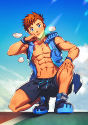 Rule 34 | 1boy, abs, black shorts, blue eyes, blue vest, bracer, brown hair, cloud, day, earrings, highres, jewelry, large pectorals, looking at viewer, lvlv, male focus, muscular, muscular male, navel, nipples, open clothes, open vest, original, outdoors, pectorals, shoes, short hair, shorts, single earring, sky, solo, toned, toned male, veins, vest