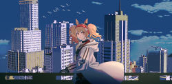 Rule 34 | 1girl, angelina (arknights), animal ears, arknights, balcony, bird, black gloves, black shirt, blue sky, building, city, closed mouth, coat, commentary request, cowboy shot, day, fox ears, gloves, hairband, haku (muc12b), highres, long hair, looking at viewer, mixed-language commentary, open clothes, open coat, outdoors, red eyes, red hairband, shirt, sidelocks, sky, smile, solo, twintails, white coat