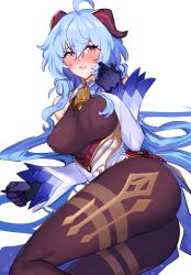 Rule 34 | 1girl, ahoge, bell, black gloves, blue hair, blush, bodysuit, breasts, brown bodysuit, clenched hand, commentary, covered erect nipples, covered navel, cowbell, detached collar, detached sleeves, embarrassed, feet out of frame, framed breasts, furrowed brow, ganyu (genshin impact), genshin impact, gloves, goat horns, gold trim, hair between eyes, highres, horns, kukumomo, large breasts, light blue hair, long hair, looking at viewer, lying, neck bell, on side, open mouth, paid reward available, pelvic curtain, purple eyes, rope, sidelocks, simple background, skin tight, solo, teeth, very long hair, white background