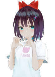 Rule 34 | 1girl, absurdres, animal print, bad id, bad pixiv id, bear print, blue choker, blue eyes, blunt bangs, blush, bob cut, bow, check copyright, choker, clothes writing, copyright request, hair bow, hair ornament, hairclip, heart, heart hair ornament, heart hands, highres, looking at viewer, multicolored hair, original, panda print, red bow, shirt, short sleeves, simple background, solo, t-shirt, upper body, white background, white shirt, yamamimio