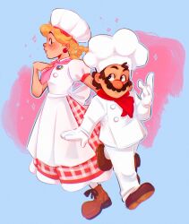 Rule 34 | 1boy, 1girl, back-to-back, blonde hair, blue eyes, breasts, brooch, brown hair, dress, earrings, facial hair, food, full body, gloves, hat, highres, image sample, jewelry, looking at another, mario, mario (series), mustache, nintendo, noodles, princess peach, princess peach: showtime!, resolution mismatch, scarf, source larger, twintails, yoshi&#039;s cookies