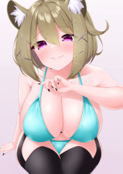 Rule 34 | 1girl, absurdres, animal ears, aria (okuda08808008), arknights, arm at side, bare shoulders, bikini, black nails, black thighhighs, blush, breasts, brown hair, cleavage, closed mouth, collarbone, commentary request, eyelashes, fingernails, green bikini, hair between eyes, hair ornament, halterneck, hand up, hanging breasts, head tilt, heart, heart-shaped pupils, highres, large breasts, long fingernails, looking at viewer, nail polish, purple eyes, short hair, sitting, skindentation, smile, solo, swimsuit, symbol-shaped pupils, thighhighs, utage (arknights), x hair ornament