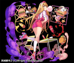 Rule 34 | 1girl, ass, black background, blonde hair, breasts, blowing bubbles, burger, chewing gum, copyright name, copyright request, cup, food, french fries, green eyes, hairband, hand on own hip, ketchup, large breasts, long hair, looking at viewer, looking back, mustard, official art, original, pencil skirt, popqn, roller skates, simple background, skates, skirt, socks, solo, standing, standing on one leg, striped clothes, striped socks, suspender skirt, suspenders, tray, waitress, watermark, white socks