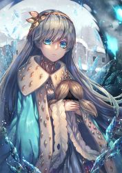Rule 34 | 1girl, anastasia (fate), blue eyes, cape, castle, cloud, cloudy sky, crown, doll, dress, fate/grand order, fate (series), hairband, highres, holding, holding doll, ice, jewelry, long hair, looking at viewer, mini crown, outdoors, raymond busujima, royal robe, silver hair, sky, snow, solo, standing, very long hair, viy (fate), winter