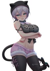 Rule 34 | 1girl, absurdres, animal ears, blush, breasts, cat ears, cat girl, green eyes, grey hair, hat, highres, hiiragi emuri, large breasts, looking at viewer, mole, myth1carts, mythic live, navel, open mouth, ribbon, short hair, smile, solo, tail, tail ornament, tail ribbon, thighhighs, twitter logo, virtual youtuber, zettai ryouiki