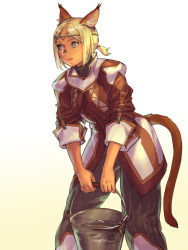 Rule 34 | 1girl, 2020, animal ear fluff, animal ears, blonde hair, blue eyes, bucket, bucket of water, cat ears, cat girl, cat tail, dark-skinned female, dark skin, dated, final fantasy, final fantasy xi, gradient background, highres, holding, holding bucket, mithra (ff11), no eyebrows, open mouth, pants, parted bangs, short hair, sleeves past elbows, solo, tail, twitter username, water, yuccoshi