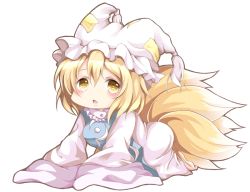 Rule 34 | 1girl, :&lt;, all fours, animal hat, blonde hair, chibi, chikuwa savy, dress, fox tail, hat, hat with ears, long sleeves, looking at viewer, mob cap, multiple tails, oversized clothes, simple background, sleeves past wrists, solo, tabard, tail, touhou, white background, white dress, wide sleeves, yakumo ran, yellow eyes
