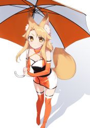 Rule 34 | 1girl, animal ears, ariyoshi gen, bare shoulders, blonde hair, boots, fox ears, fox girl, fox tail, halterneck, highres, holding, holding umbrella, looking at viewer, original, shadow, solo, tail, thick eyebrows, thigh boots, thighhighs, umbrella, yellow eyes