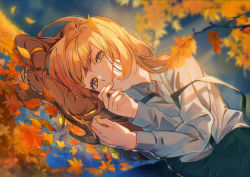 Rule 34 | 1girl, autumn leaves, blonde hair, brown hair, leaf, lips, lying, maple leaf, nail polish, omutatsu, on side, original, parted lips, pleated skirt, skirt, solo, upper body, yellow eyes, yellow nails