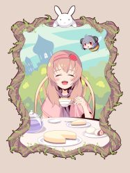 Rule 34 | 2girls, alice margatroid, animal ears, blush, brown hair, cheesecake, cookie (touhou), cup, closed eyes, facing viewer, food, fruit, grey hair, hairband, holding, holding cup, ichigo (cookie), long hair, mouse ears, multiple girls, nazrin, nyon (cookie), open mouth, pika (seiga797047), plate, red eyes, sitting, smile, strawberry, teacup, teapot, touhou