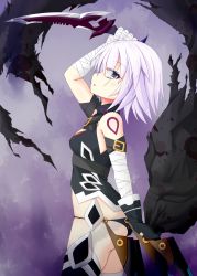 Rule 34 | 1girl, arm up, ass, bandaged arm, bandages, bare shoulders, black cloak, black gloves, black panties, black shirt, black thighhighs, blood, blood stain, blush, breasts, cloak, unworn cloak, commentary request, cowboy shot, dagger, fate/grand order, fate (series), from side, gloves, green eyes, hair between eyes, highres, holding, holding dagger, holding knife, holding weapon, jack the ripper (fate/apocrypha), knife, looking at viewer, looking to the side, noname (reticulian), panties, parted lips, profile, scar, scar across eye, scar on face, shirt, shoulder tattoo, silver hair, single glove, sleeveless, sleeveless shirt, small breasts, solo, tattoo, thighhighs, torn cloak, torn clothes, underwear, weapon