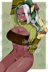 Rule 34 | 1girl, abs, arm up, black nails, blush, borrowed character, breasts, chibi, chibi inset, cleavage, commentary, dark-skinned female, dark skin, eileen (condylonucla), english commentary, english text, eyes visible through hair, female focus, fingernails, green hair, grin, happy birthday, highleg, highleg panties, highres, holding necktie, invisible chair, large breasts, legs together, lip ring, long hair, looking at viewer, multicolored hair, nail polish, navel, nyantcha, o-ring, o-ring bottom, o-ring panties, original, outline, panties, ponytail, purple eyes, shrug (clothing), sitting, smile, solo focus, strapless, thighs, toned female, tube top, two-tone hair, underwear, white hair, white outline, yellow panties