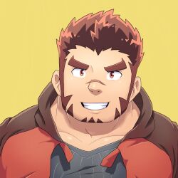 Rule 34 | 1boy, akashi (live a hero), bara, facial hair, goatee, grin, jacket, karamaru (karamari 11), large pectorals, live a hero, long sideburns, looking at viewer, male focus, muscular, muscular male, official alternate costume, pectorals, portrait, red eyes, red hair, scar, scar on face, scar on nose, short hair, sideburns, smile, solo, square face, thick eyebrows