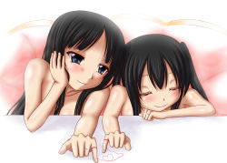 Rule 34 | 00s, 2girls, akiyama mio, black hair, blue eyes, completely nude, closed eyes, houbunsha, jewelry, k-on!, long hair, multiple girls, nakano azusa, nude, ring, smile, string, string of fate, tenrai (temple), twintails, wife and wife, yuri