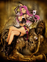 Rule 34 | 1boy, 1girl, boots, breasts, bridal gauntlets, cleavage, crossed legs, earrings, high heels, homare (fool&#039;s art), jewelry, leather, long hair, looking at viewer, monster, pink hair, sitting, sitting on person, source request, ugly man, whip