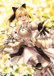 Rule 34 | 1girl, :d, ahoge, armor, armored boots, armored dress, artoria pendragon (all), artoria pendragon (fate), bad id, bad pixiv id, black bow, blonde hair, boots, bow, breastplate, briska, caliburn (fate), dress, excalibur (fate/stay night), fate/unlimited codes, fate (series), faulds, floating hair, green eyes, hair between eyes, hair bow, holding, holding sword, holding weapon, leg up, long hair, open mouth, outstretched arm, ponytail, saber lily, smile, solo, sword, weapon, white dress