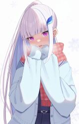 Rule 34 | 1girl, blue hair, blunt bangs, blush, breath, coat, hair ornament, hairclip, highres, lize helesta, long hair, long sleeves, looking at viewer, multicolored hair, nijisanji, nose blush, open mouth, ponytail, purple eyes, scarf, simple background, sleeves past wrists, solo, streaked hair, very long hair, virtual youtuber, wabimochi, white background, white coat, white hair, winter clothes, winter coat