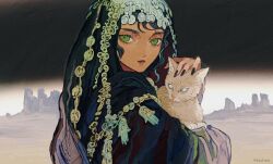 Rule 34 | 1girl, amazigh clothes, animal, artist name, black hair, black nails, cat, closed mouth, desert, expressionless, fingernails, green eyes, highres, holding, holding animal, looking at viewer, original, outdoors, sharp fingernails, solo, tan, traditional clothes, upper body, yuko (foret noire)
