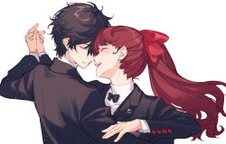 Rule 34 | 1boy, 1girl, absurdres, blush, closed eyes, couple, dancing, face-to-face, facing another, hair ribbon, highres, holding hands, long hair, long sleeves, open mouth, parted lips, persona, persona 5, persona 5 the royal, ponytail, red hair, ribbon, smile, teeth, tsubsa syaoin, upper body, upper teeth only, yoshizawa kasumi