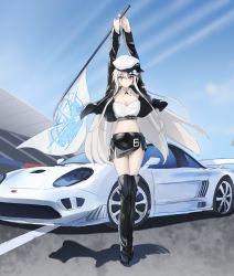 Rule 34 | 1girl, azur lane, black thighhighs, boots, breasts, car, cleavage, commentary request, drum (acta2436), enterprise (azur lane), flag, hat, jacket, long hair, miniskirt, motor vehicle, peaked cap, purple eyes, race queen, skirt, sky, sleeveless, smile, solo, thighhighs, vehicle focus, white hair