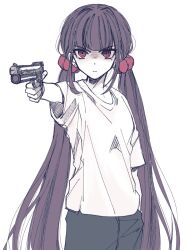 1girl 2024_summer_olympics black_hair black_pants blunt_bangs blush brown_hair danganronpa_(series) danganronpa_v3:_killing_harmony earrings gun hair_ornament hair_scrunchie hand_in_pocket harukawa_maki highres holding holding_gun holding_weapon jewelry long_hair low_twintails mole mole_under_eye pants red_eyes red_scrunchie reference_request satori_(aosky9077) scrunchie serious short_sleeves solo twintails weapon yusuf_dikec