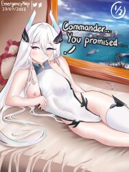 Rule 34 | 1girl, absurdly long hair, absurdres, azur lane, backless leotard, bare shoulders, bed, blue eyes, blush, breasts, clothing aside, covered navel, emergencynep, hair between eyes, highleg, highleg leotard, highres, horns, kearsarge (azur lane), leotard, long hair, mechanical horns, medium breasts, nipples, pillow, revealing clothes, sideboob, single thighhigh, sleeveless, taut leotard, thighhighs, very long hair, white hair, white leotard
