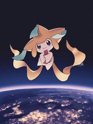 Rule 34 | bright pupils, closed mouth, commentary request, creatures (company), earth (planet), full body, game freak, gen 3 pokemon, happy, highres, holding, jirachi, kuchiba (jret2454), legendary pokemon, mythical pokemon, nintendo, no humans, outdoors, planet, pokemon, pokemon (creature), signature, smile, solo, space, white pupils