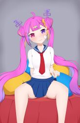 Rule 34 | 1girl, absurdres, bed, bed sheet, clothes lift, commission, flat chest, heterochromia, highres, idol corp, long hair, multicolored hair, necktie, onlysupport, pink eyes, pink hair, purple eyes, riro ron, school uniform, skirt, skirt lift, star (symbol), thighs, twintails, virtual youtuber