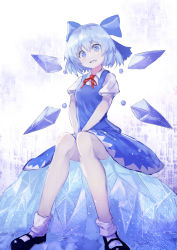 Rule 34 | 1girl, absurdres, between legs, black footwear, blue bow, blue dress, blue eyes, blue hair, blush, bobby socks, bow, cirno, dress, full body, hair bow, hand between legs, highres, ice, knees together feet apart, looking at viewer, mary janes, neck ribbon, open mouth, puffy sleeves, red ribbon, ribbon, shards, shoes, short hair, sitting, smile, socks, solo, sparkle, touhou, watchi, white socks, wings