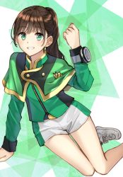 Rule 34 | 1girl, animification, arm support, blush, brown hair, capelet, character request, green capelet, green eyes, green jacket, grin, hand up, highres, jacket, long hair, long sleeves, looking at viewer, mashin sentai kiramager, ponytail, shoes, short shorts, shorts, sleeves past wrists, smile, solo, somechime (sometime1209), super sentai, ultra series, ultraman r/b, white footwear, white shorts