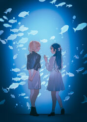 2girls absurdres against_glass ankle_boots ankle_socks aquarium arms_behind_back ayase_eli backlighting black_footwear black_jacket blonde_hair blue_eyes blue_hair boots bubble casual cropped_jacket dress fish from_behind full_body hair_between_eyes hair_ribbon half_updo hand_on_glass high_ponytail highres implied_yuri jacket light_blush long_hair long_sleeves looking_at_another love_live! love_live!_school_idol_project multiple_girls own_hands_clasped own_hands_together parted_bangs ponytail profile ribbon see-through_clothes see-through_sleeves smile socks sonoda_umi standing vignetting white_dress white_ribbon white_socks yellow_eyes yudong_rin